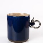 Metal Kulplu Kahve ve Fincan Mug İç Bej, Dış Kobalt