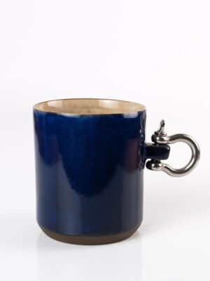 Metal Kulplu Kahve ve Fincan Mug İç Bej, Dış Kobalt
