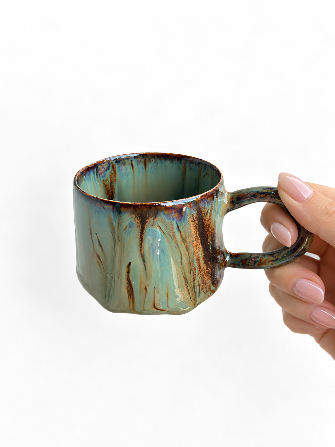 Handcrafted Reactive-Glaze Mug in Hand Opposite Espresso Fincanı – El Yapımı Stoneware Seramik | 100 ml - Görsel 1